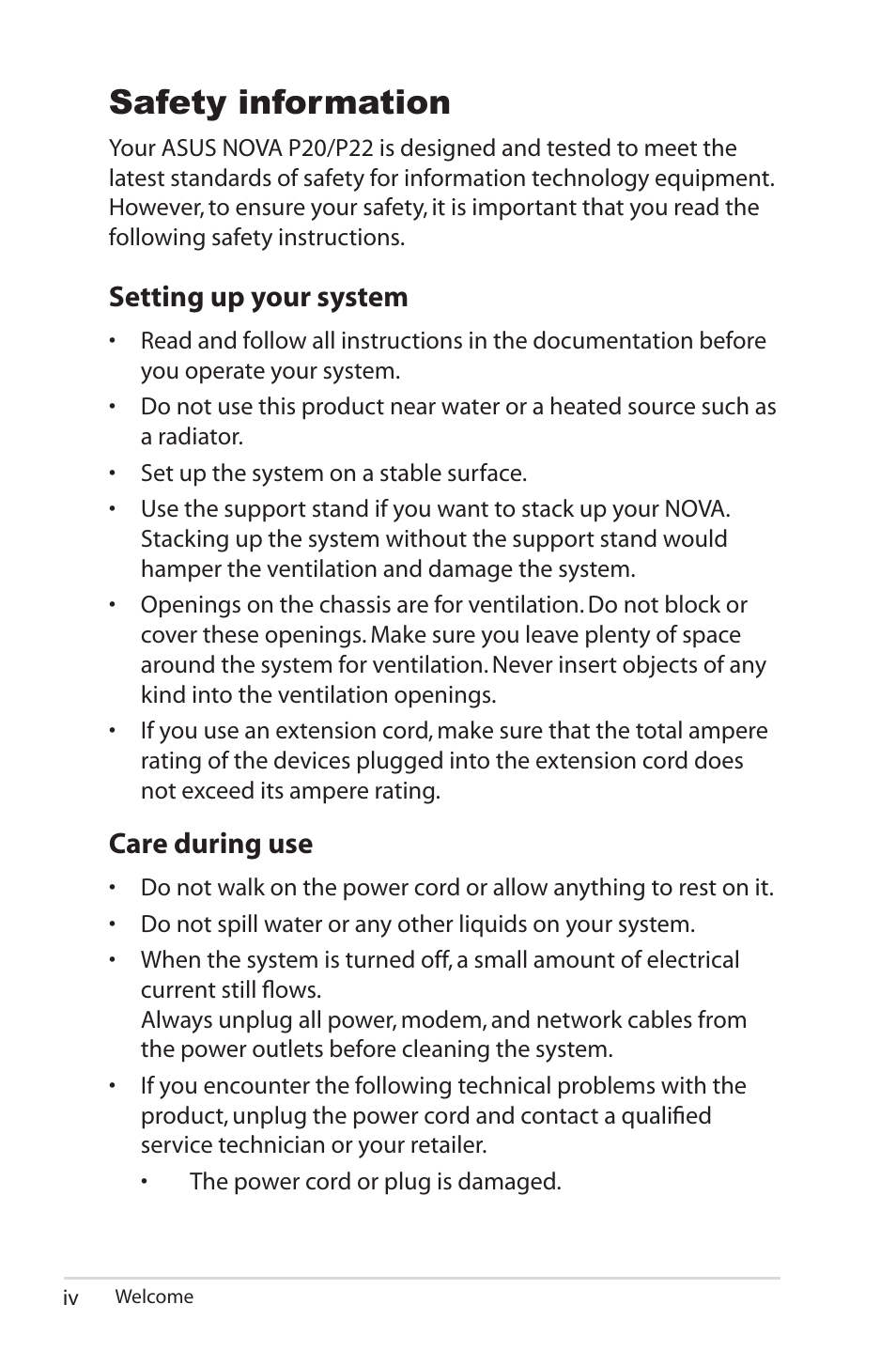 Safety information, Setting up your system, Care during use | Asus NOVA (P20/P22) User Manual | Page 4 / 40