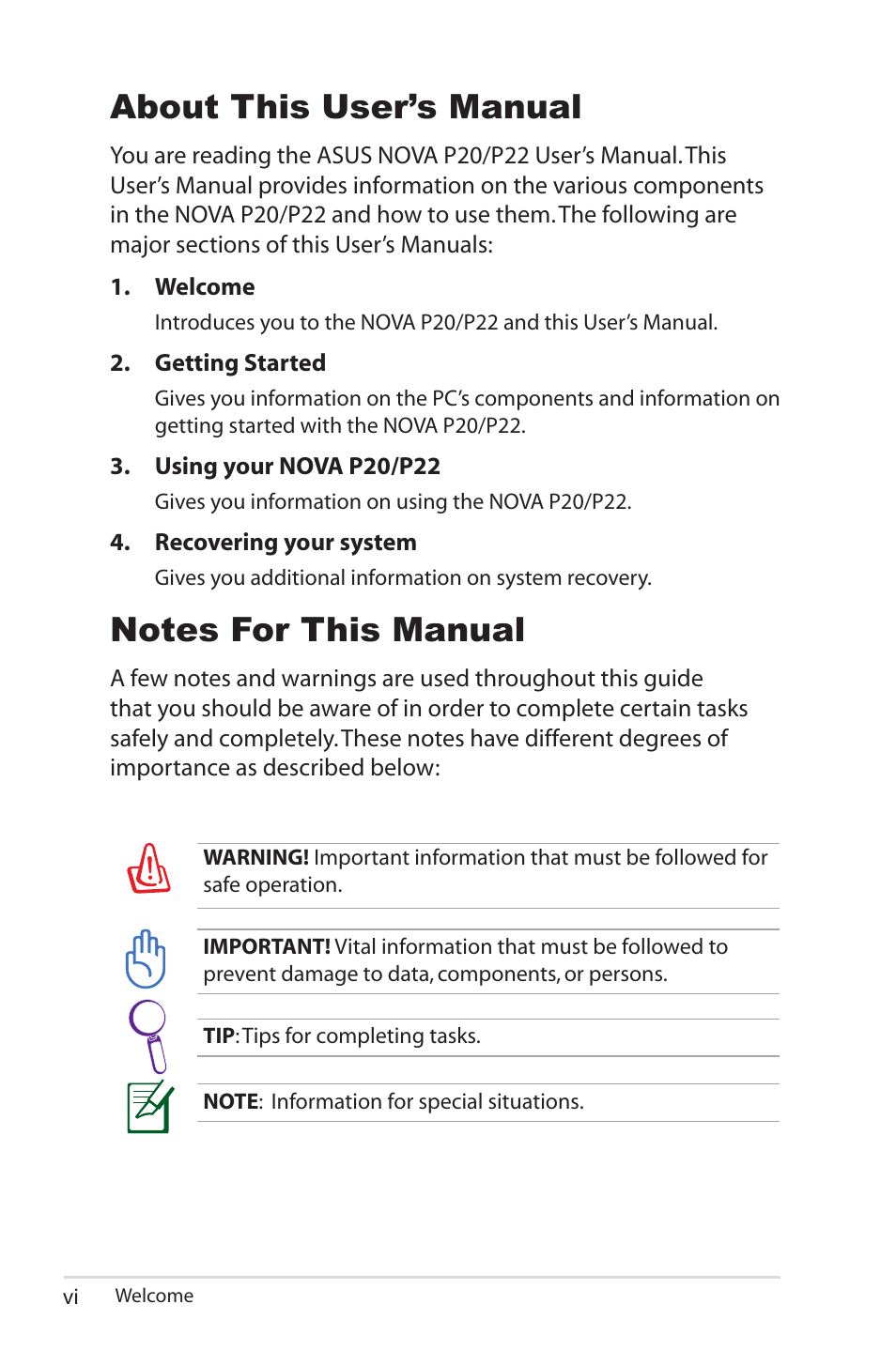 About this user’s manual | Asus NOVA (P20/P22) User Manual | Page 6 / 40