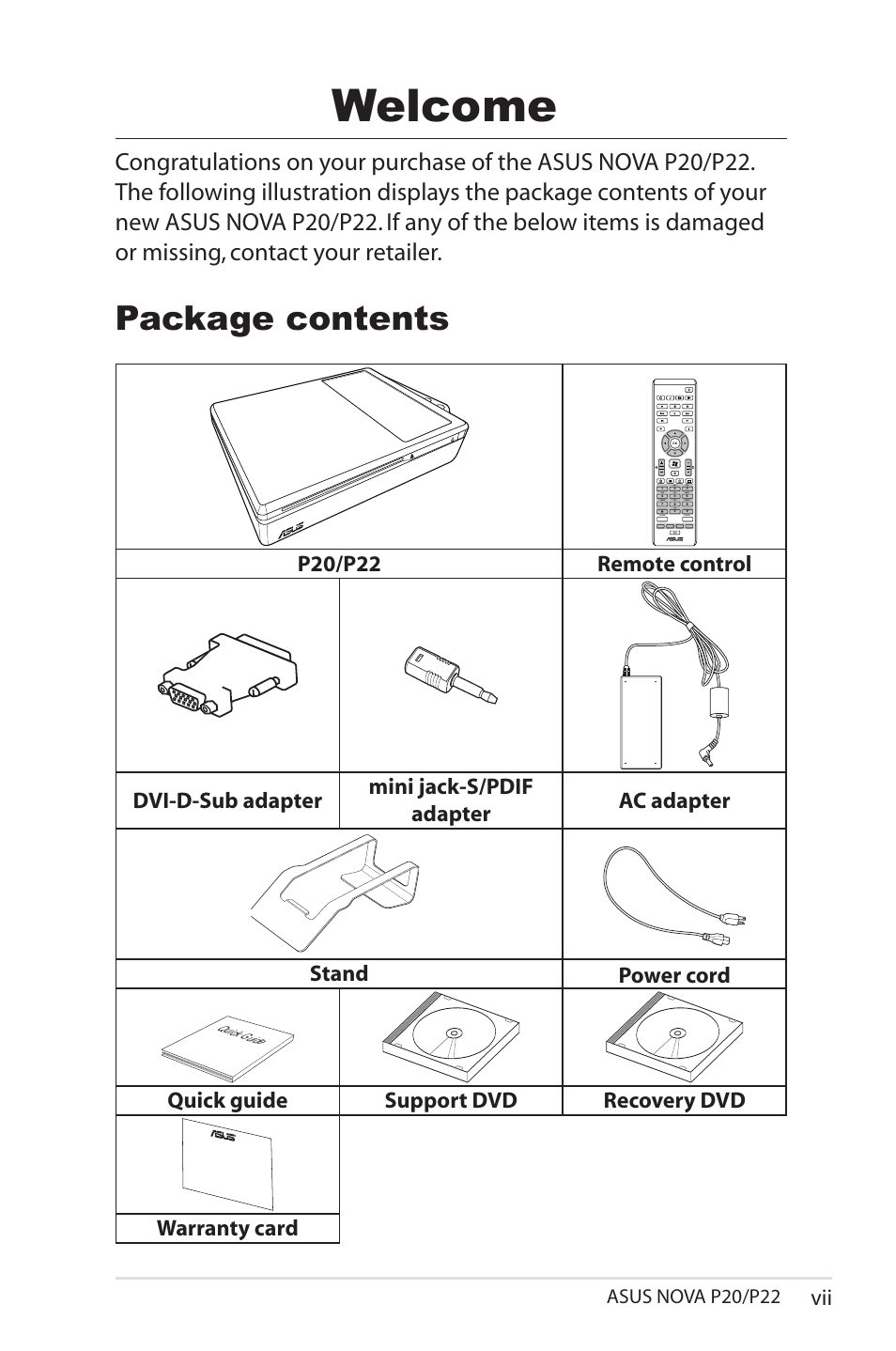 Welcome, Package contents, Quick guide support dvd recovery dvd warranty card | Asus nova p20/p22 | Asus NOVA (P20/P22) User Manual | Page 7 / 40