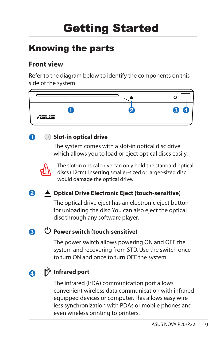 Getting started, Knowing the parts, Front view | Asus NOVA (P20/P22) User Manual | Page 9 / 40