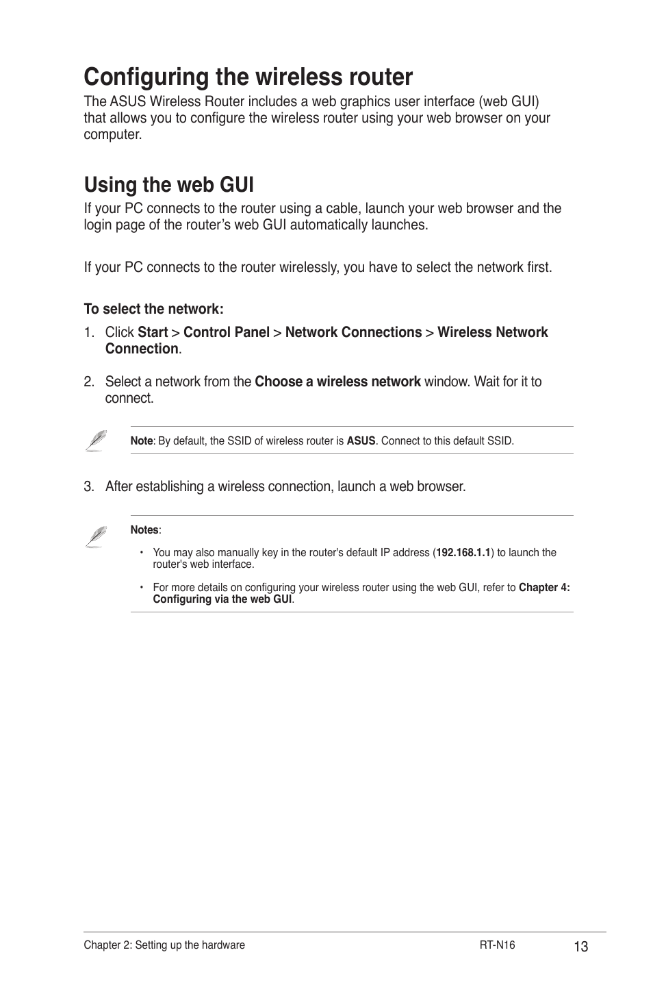 Configuring the wireless router, Using the web gui | Asus RT-N16 User Manual | Page 13 / 66