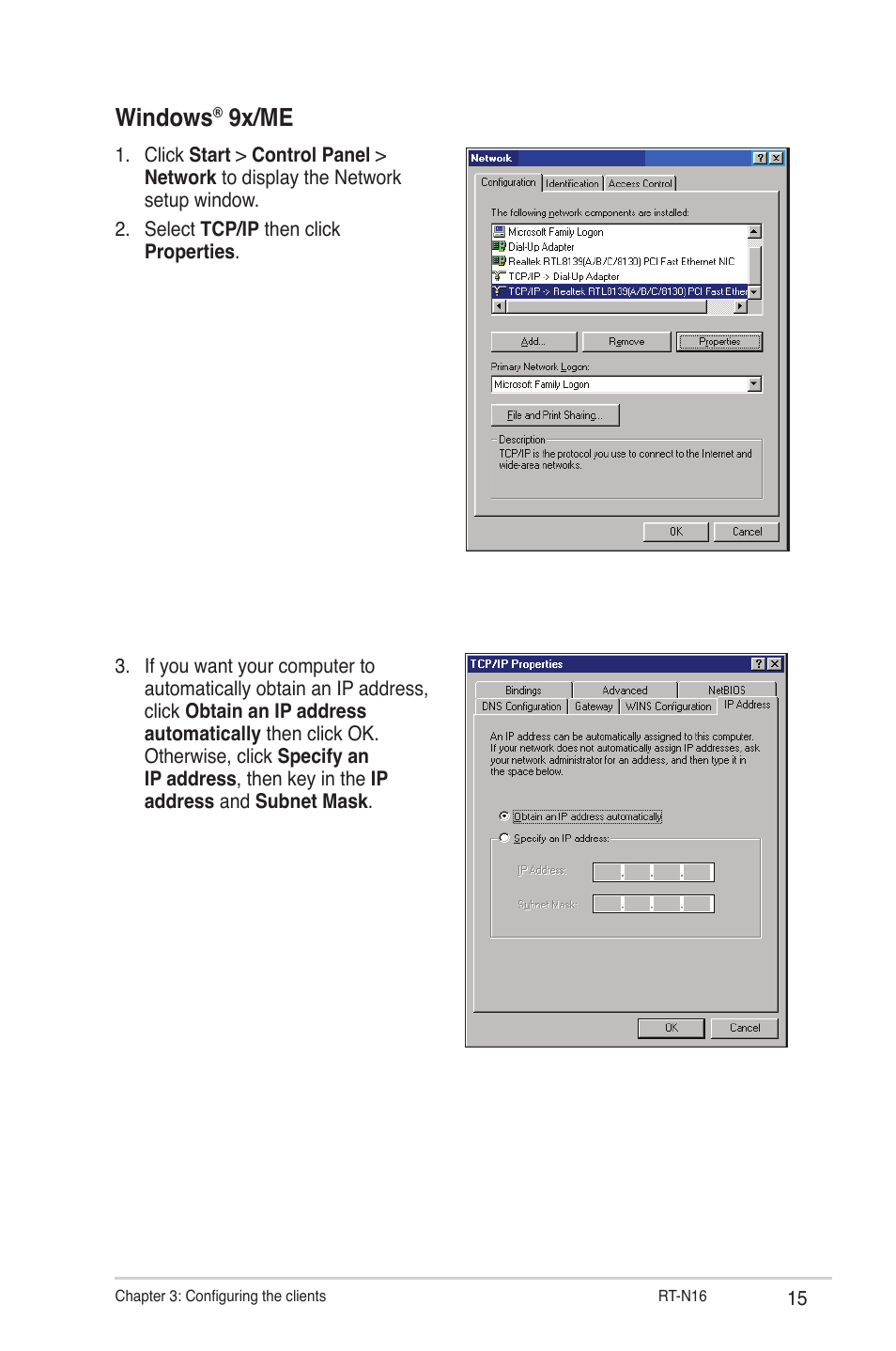 Windows, 9x/me | Asus RT-N16 User Manual | Page 15 / 66