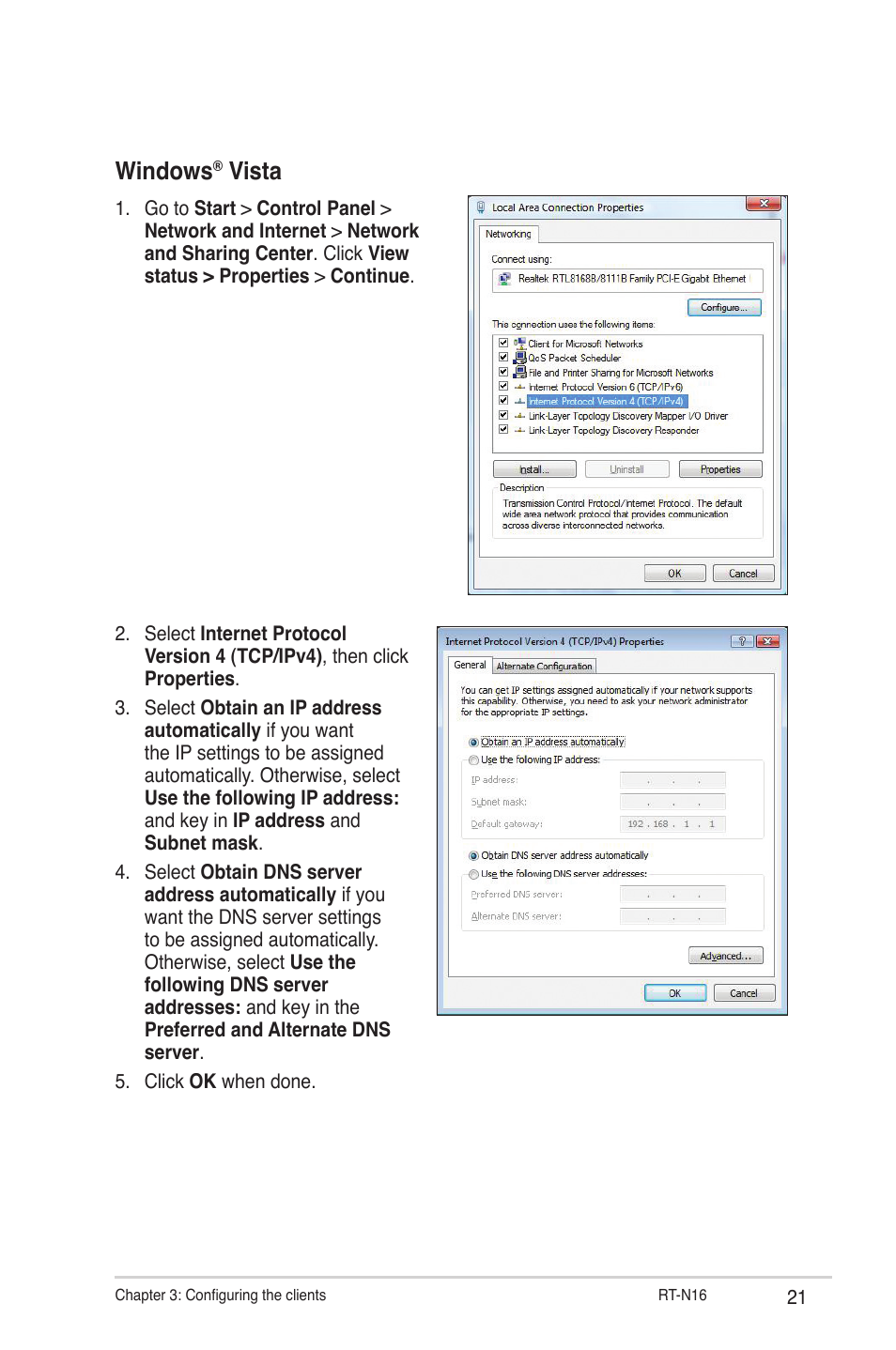 Windows, Vista | Asus RT-N16 User Manual | Page 21 / 66