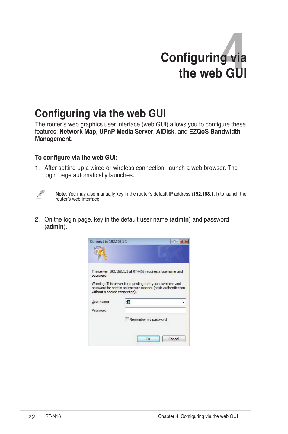 Chapter 4: configuring via the web gui, Configuring via the web gui | Asus RT-N16 User Manual | Page 22 / 66
