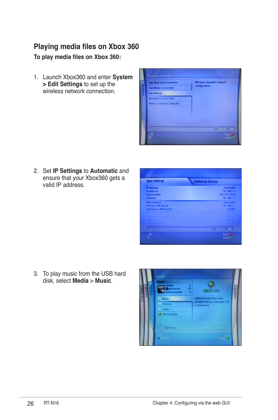 Playing media files on xbox 360 | Asus RT-N16 User Manual | Page 26 / 66