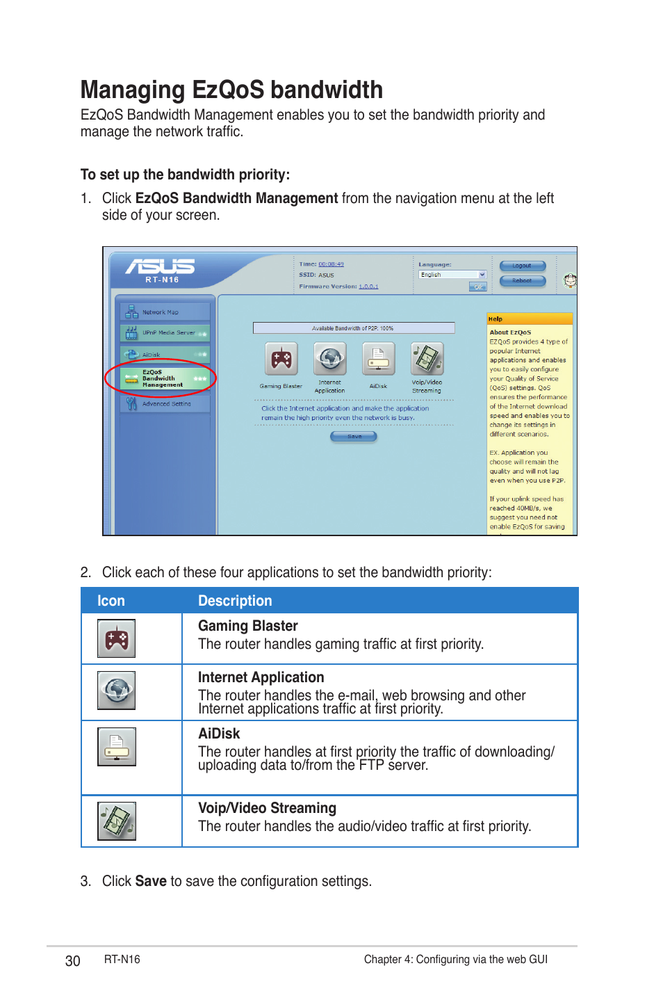 Managing ezqos bandwidth | Asus RT-N16 User Manual | Page 30 / 66