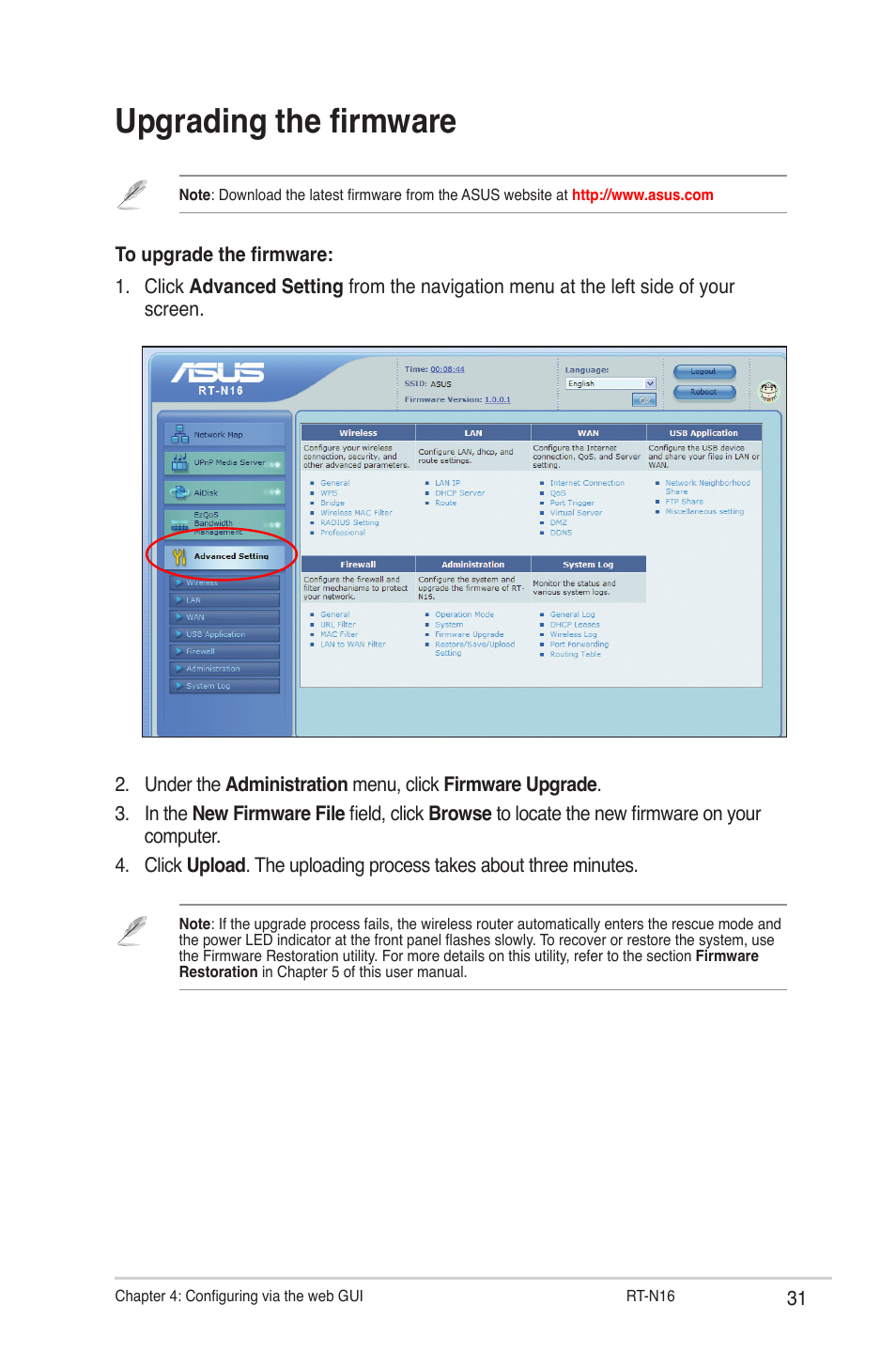 Upgrading the firmware | Asus RT-N16 User Manual | Page 31 / 66