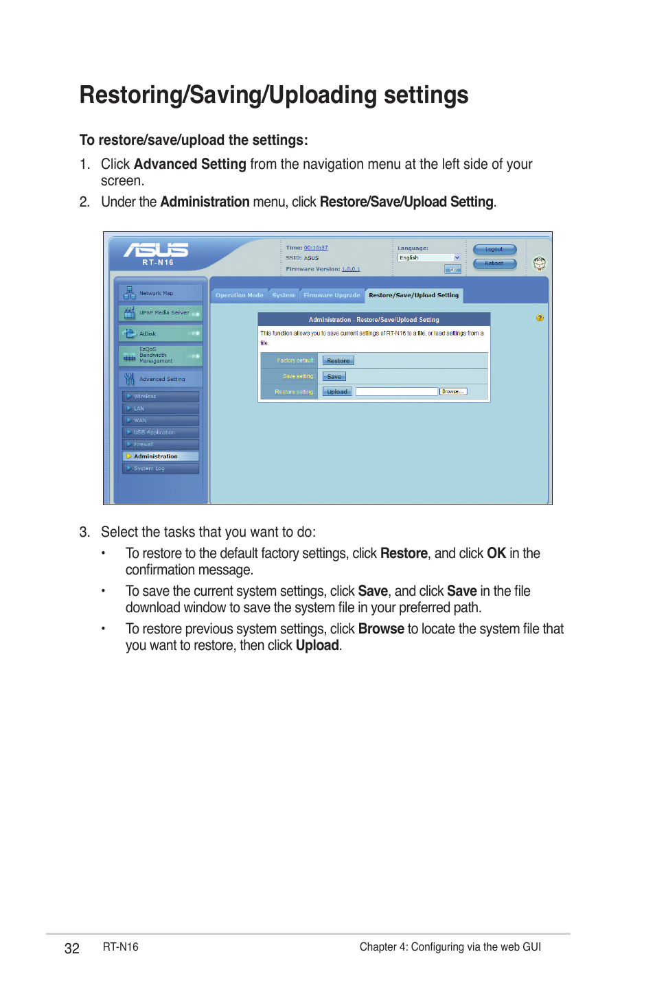 Restoring/saving/uploading settings | Asus RT-N16 User Manual | Page 32 / 66