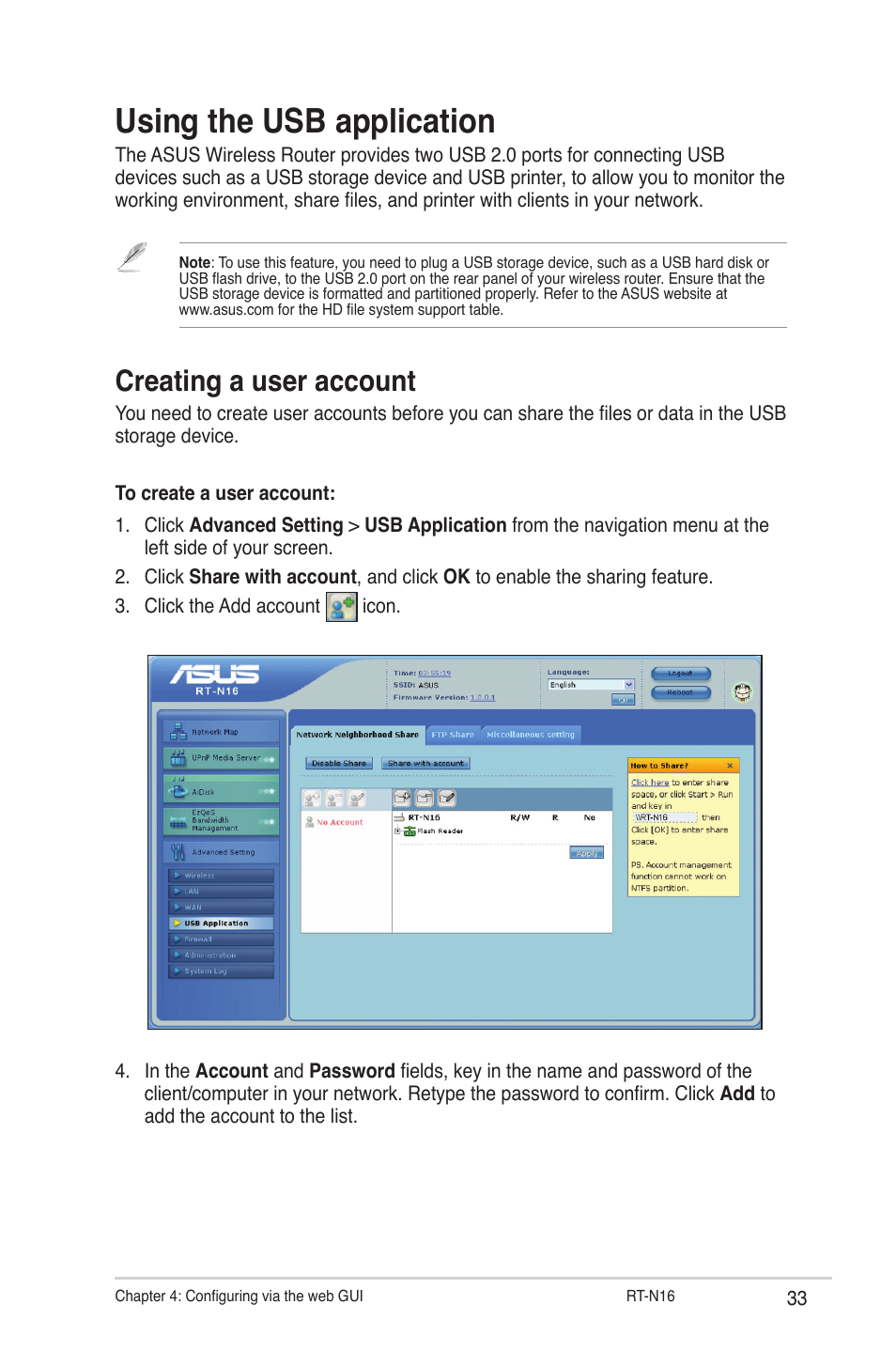 Using the usb application, Creating a user account | Asus RT-N16 User Manual | Page 33 / 66