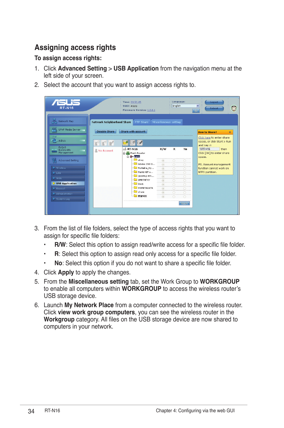 Assigning access rights | Asus RT-N16 User Manual | Page 34 / 66