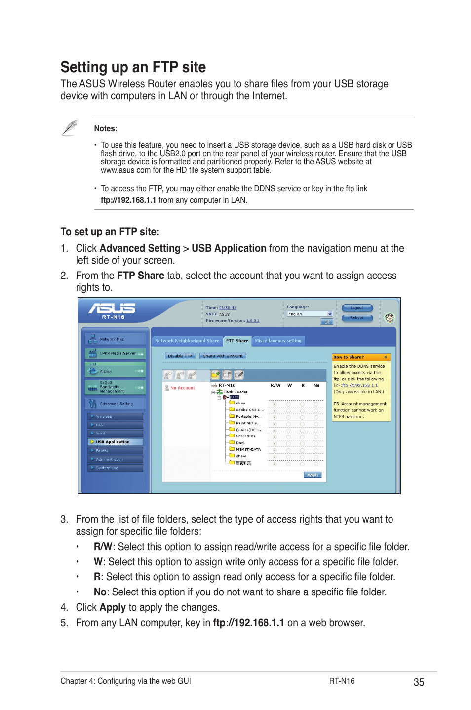 Setting up an ftp site | Asus RT-N16 User Manual | Page 35 / 66