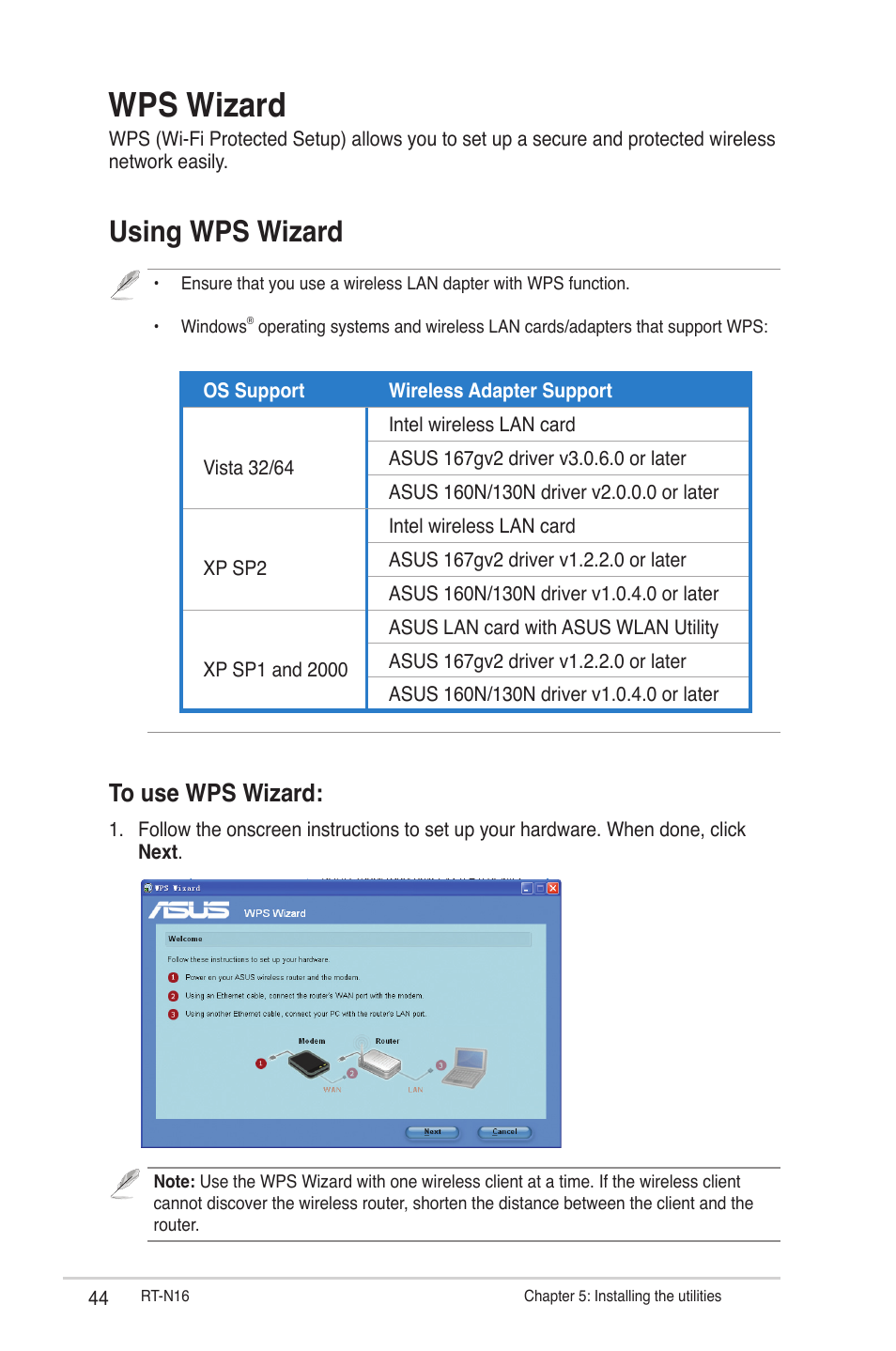 Wps wizard, Using wps wizard | Asus RT-N16 User Manual | Page 44 / 66