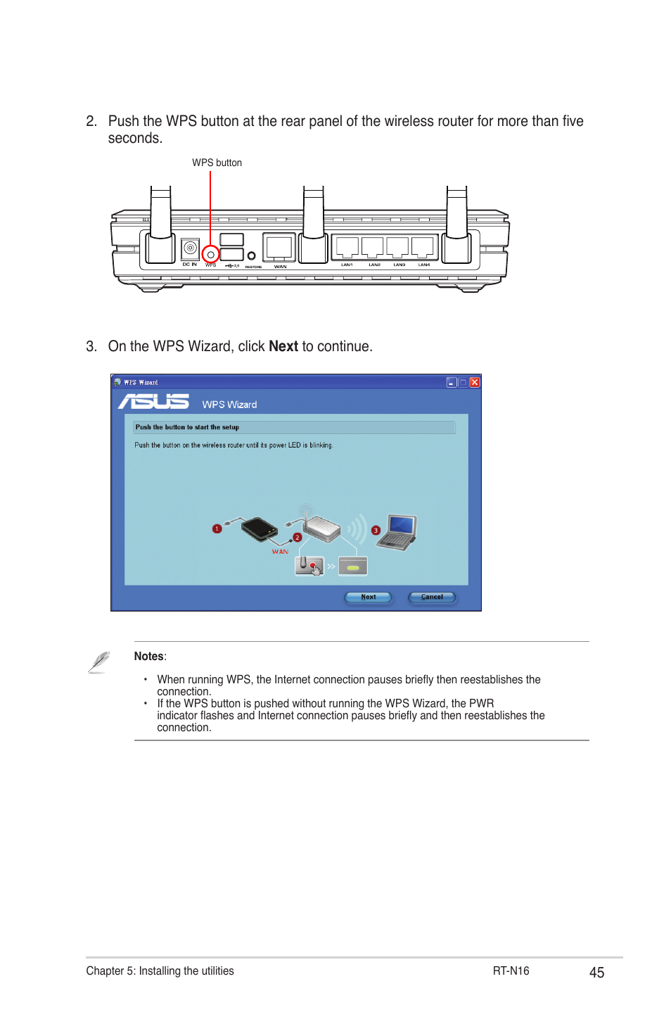 On the wps wizard, click next to continue | Asus RT-N16 User Manual | Page 45 / 66