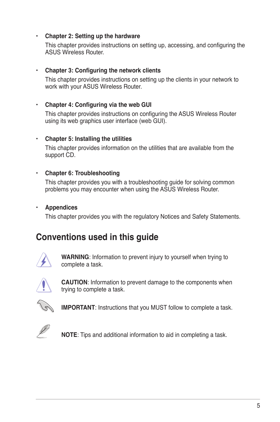 Conventions used in this guide | Asus RT-N16 User Manual | Page 5 / 66