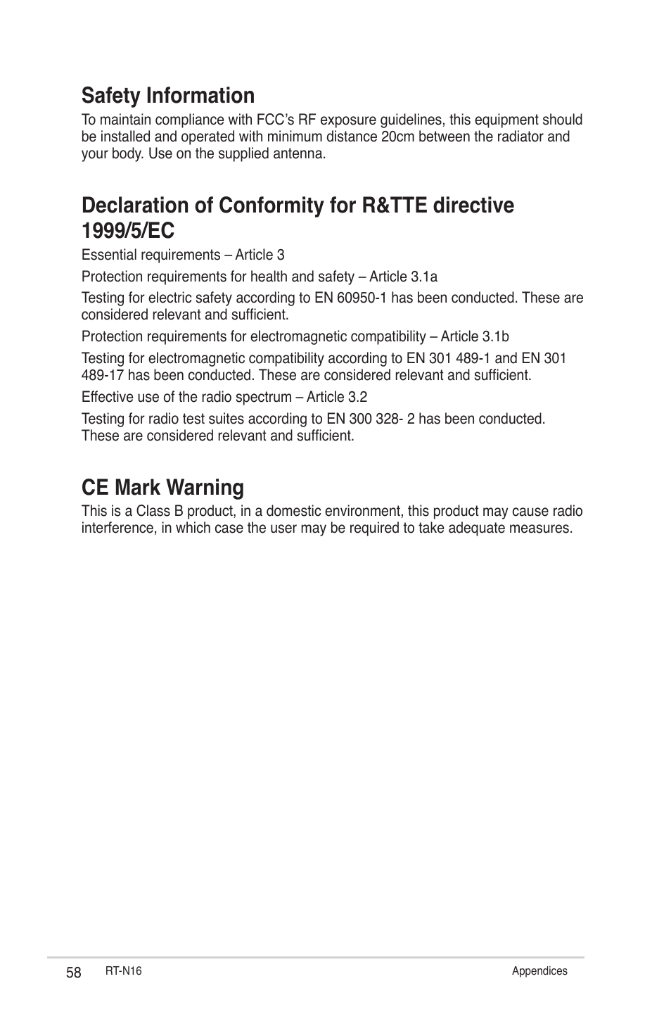 Safety information, Ce mark warning | Asus RT-N16 User Manual | Page 58 / 66