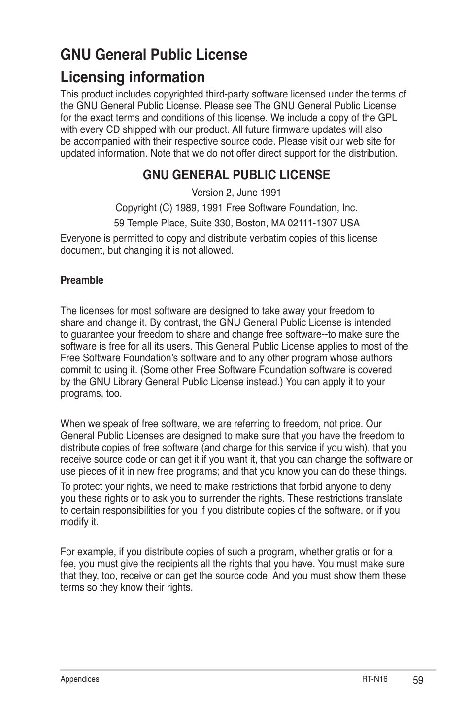 Gnu general public license licensing information, Gnu general public license | Asus RT-N16 User Manual | Page 59 / 66