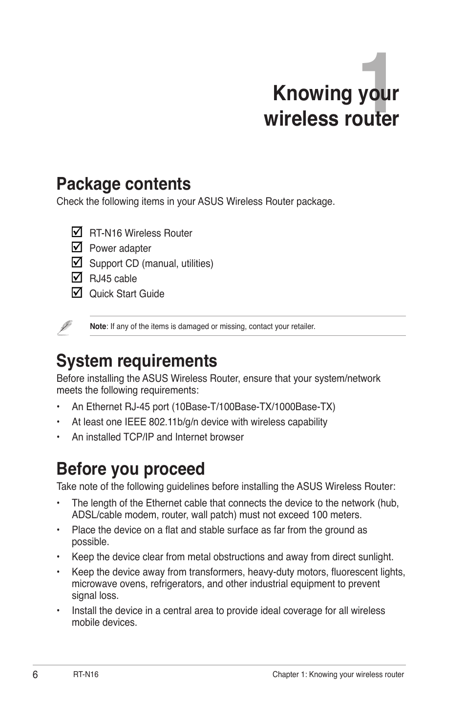 Chapter 1: knowing your wireless router, Package contents, System requirements | Before you proceed, Knowing your wireless router | Asus RT-N16 User Manual | Page 6 / 66