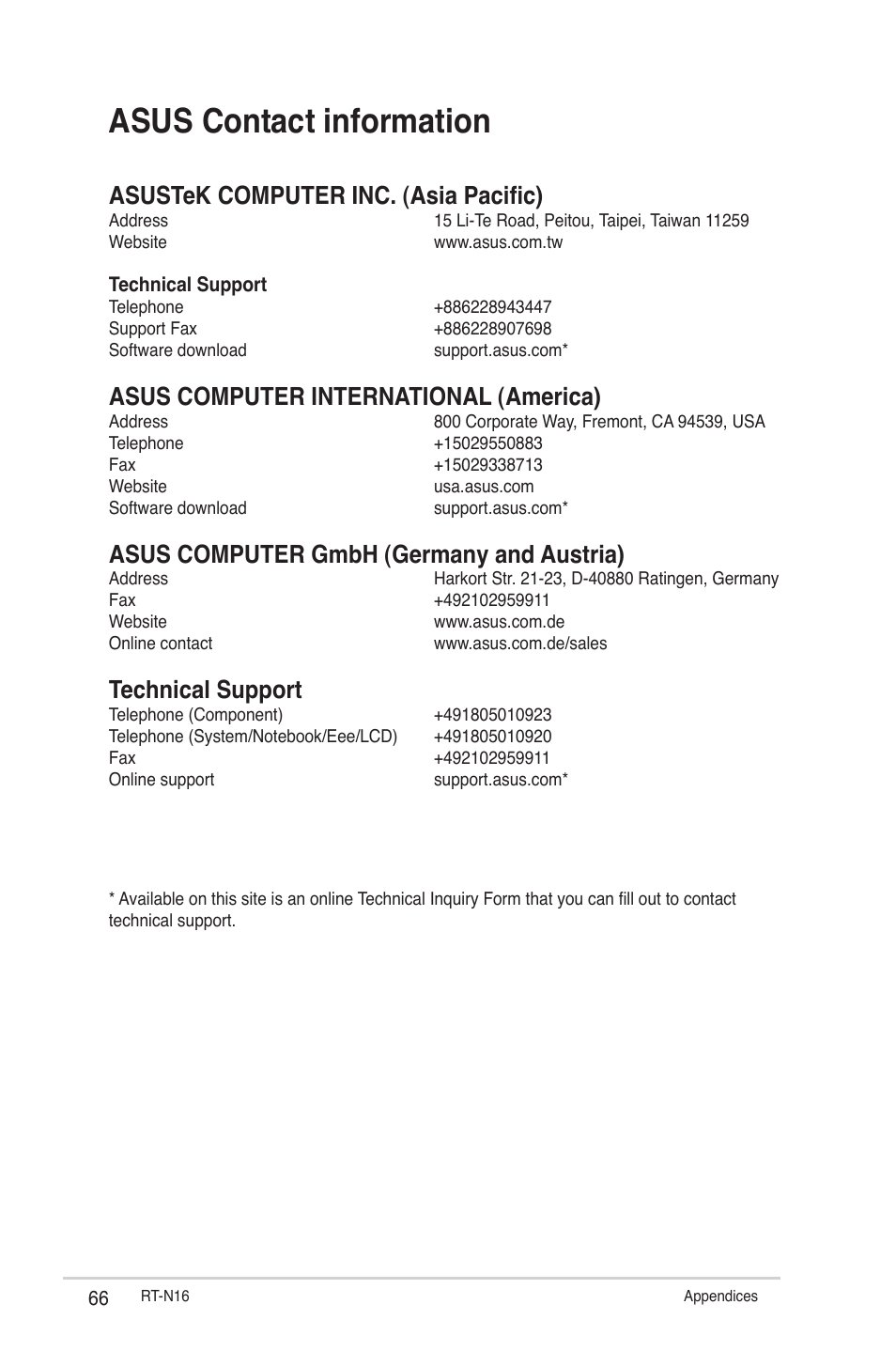 Asus contact information, Asustek computer inc. (asia pacific), Asus computer international (america) | Asus computer gmbh (germany and austria), Technical support | Asus RT-N16 User Manual | Page 66 / 66