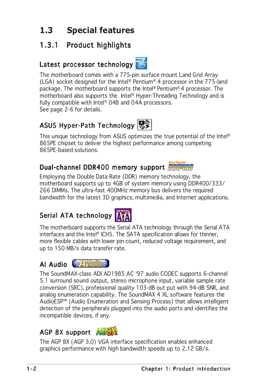 3 special features | Asus P5P800 User Manual | Page 16 / 114
