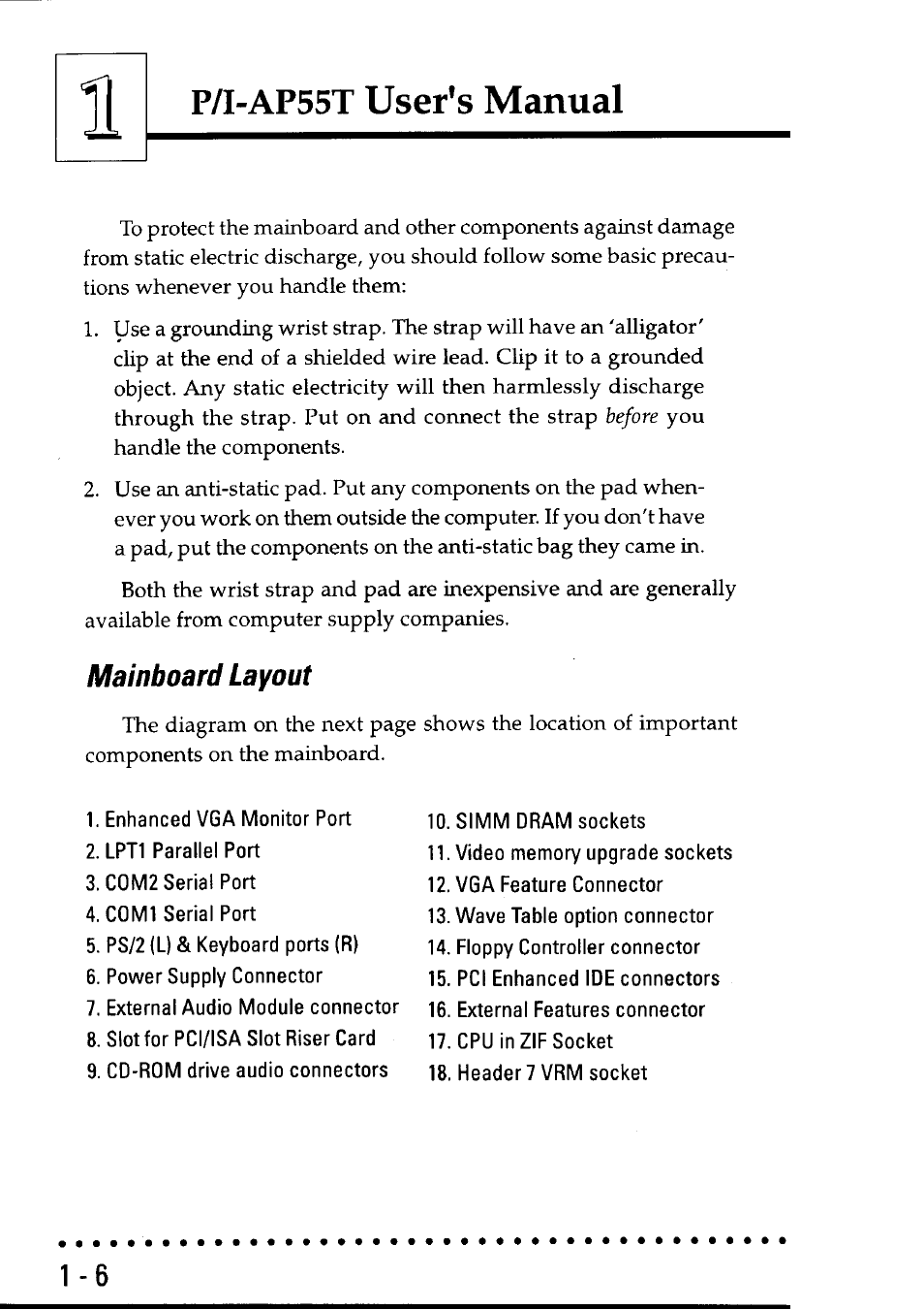 Mainboard layout, Mainboard layout -6, P/i-ap55t user’s manual | Asus P/I-AP55T User Manual | Page 10 / 87