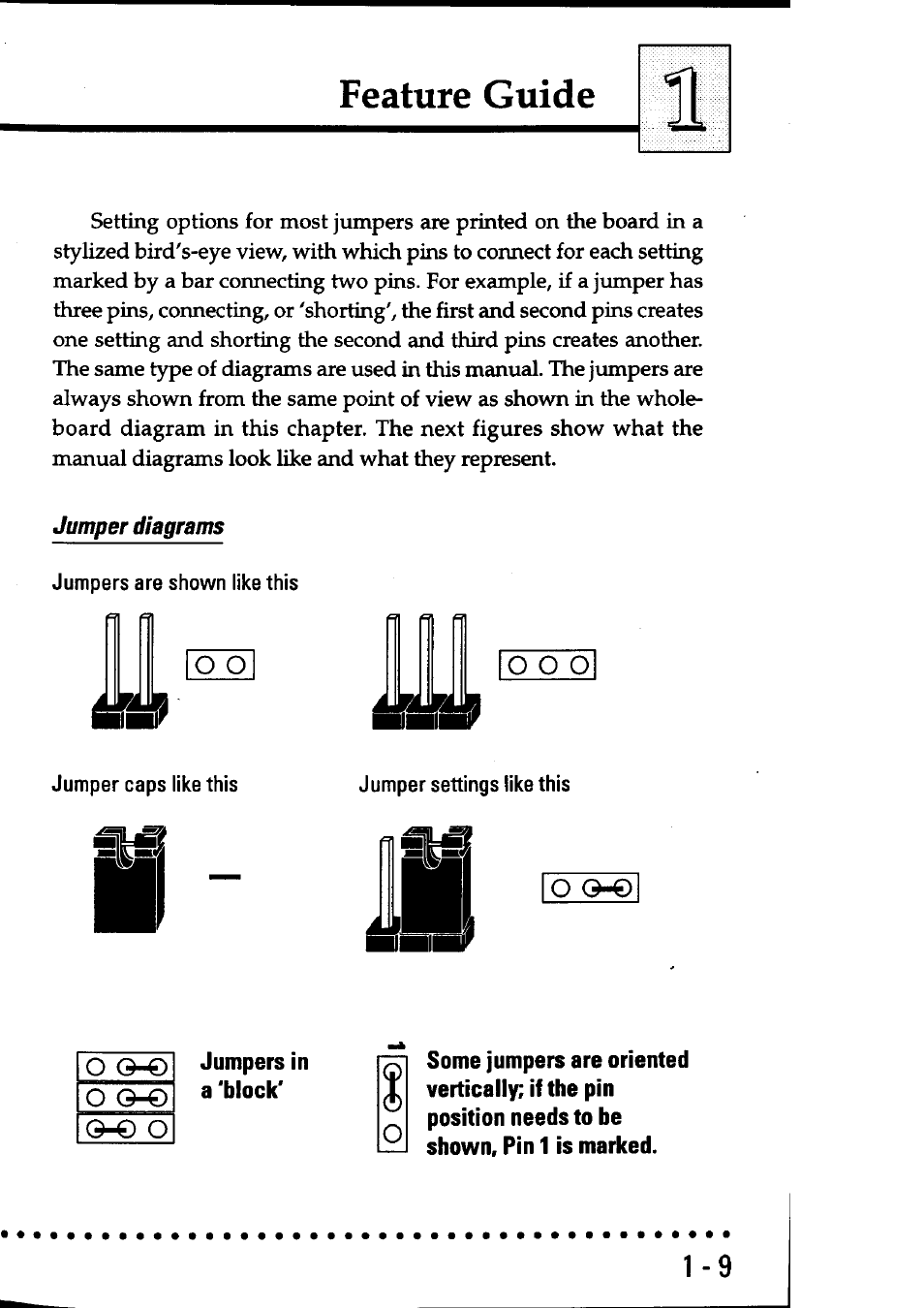 Jumper diagrams, Feature guide, O o o | Asus P/I-AP55T User Manual | Page 13 / 87