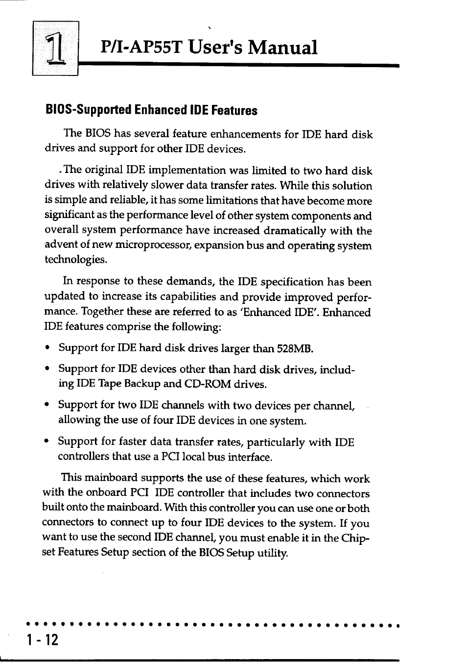Bios-supported enhanced ide features, Bios-supported enhanced ide features -12, P/i-ap55t user's manual | Asus P/I-AP55T User Manual | Page 16 / 87