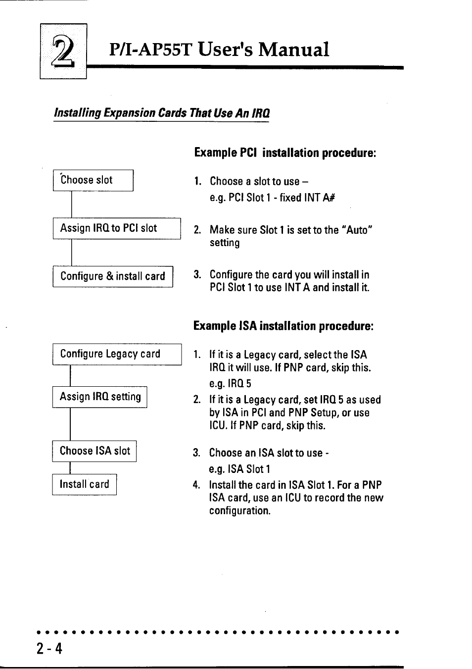 Installing expansion cards that use an irq, Example pci installation procedure, Example isa installation procedure | P/i-ap55t user's manual | Asus P/I-AP55T User Manual | Page 24 / 87