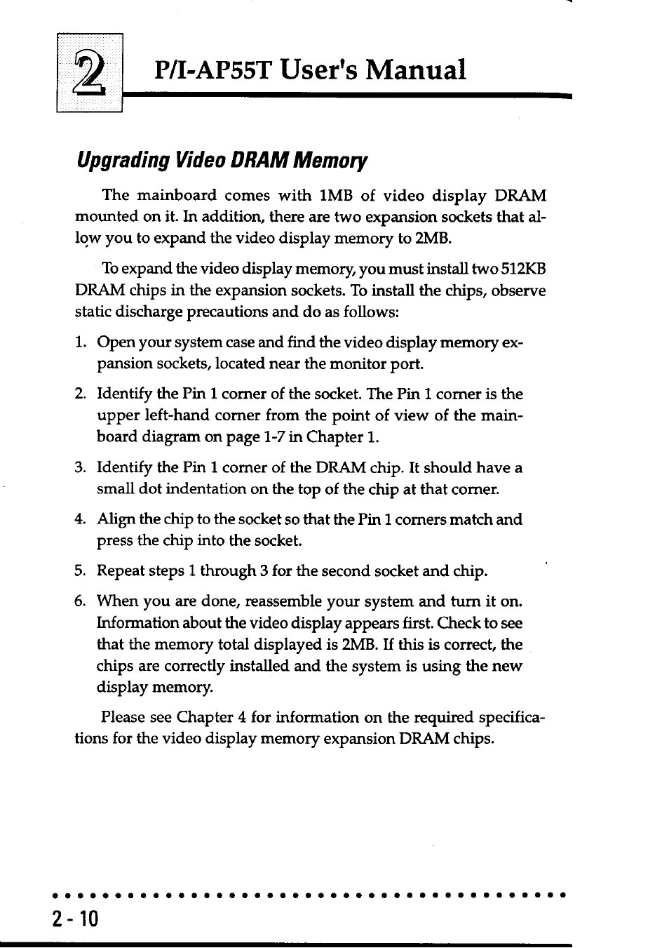 Upgrading video dram memory, Upgrading video dram memory -10, P/i-ap55t user's manual | Asus P/I-AP55T User Manual | Page 30 / 87