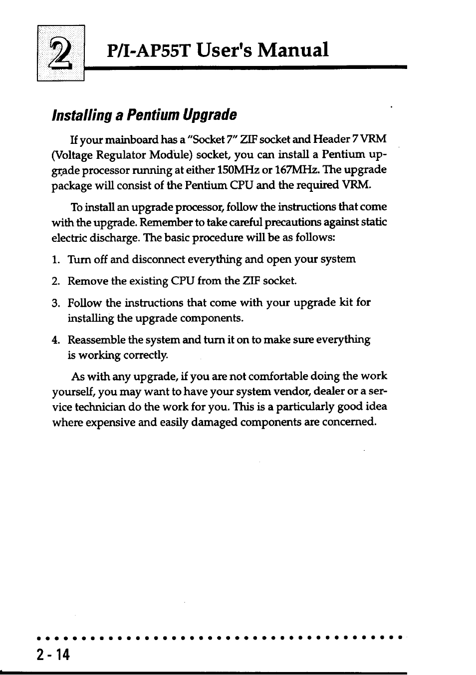 Installing a pentium upgrade, Installing a pentium upgrade -14, P/i-ap55t user's manual | Asus P/I-AP55T User Manual | Page 34 / 87