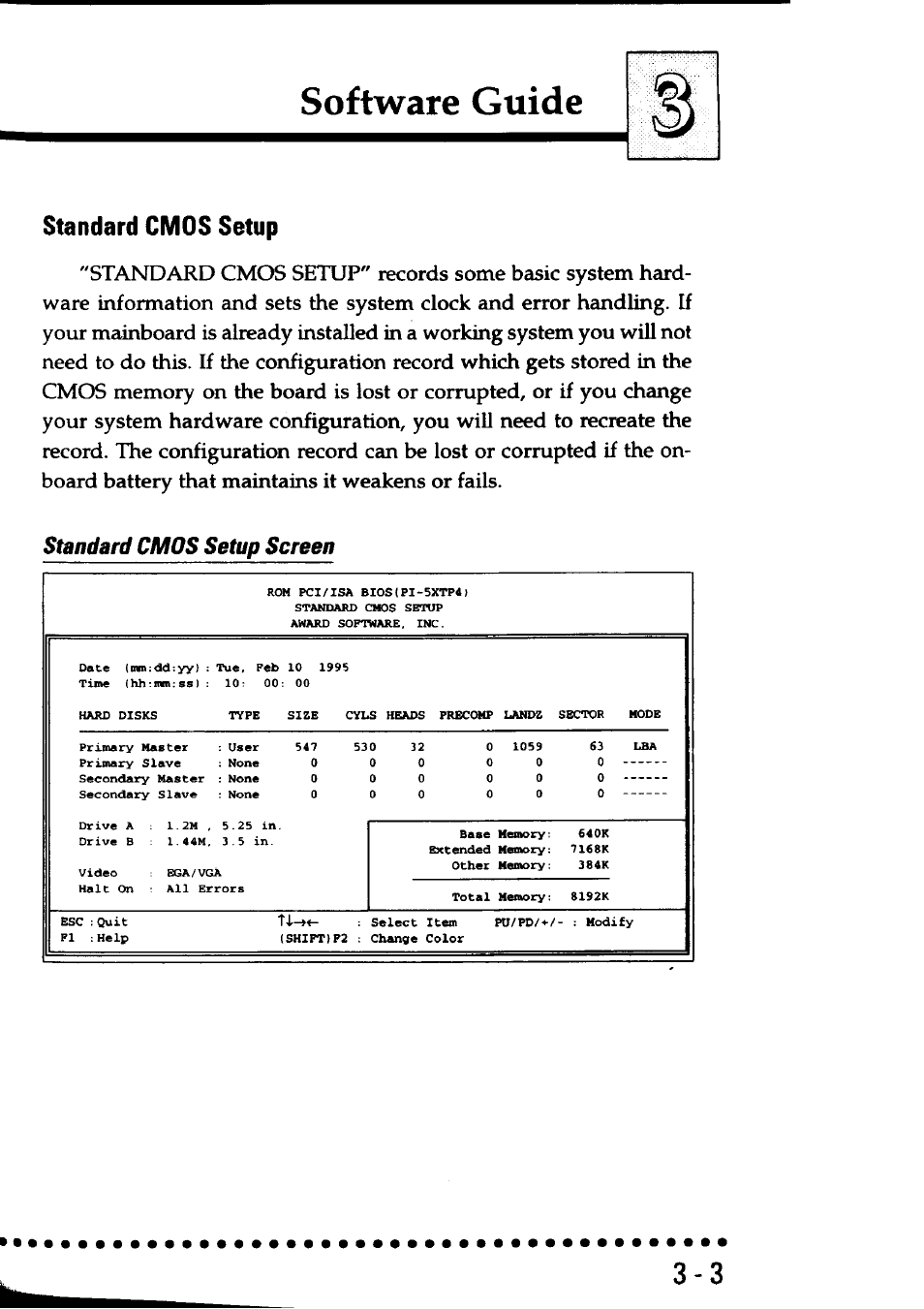 Standard cmos setup, Standard cmos setup screen, Standard cmos setup ,-3 | Software guide | Asus P/I-AP55T User Manual | Page 37 / 87
