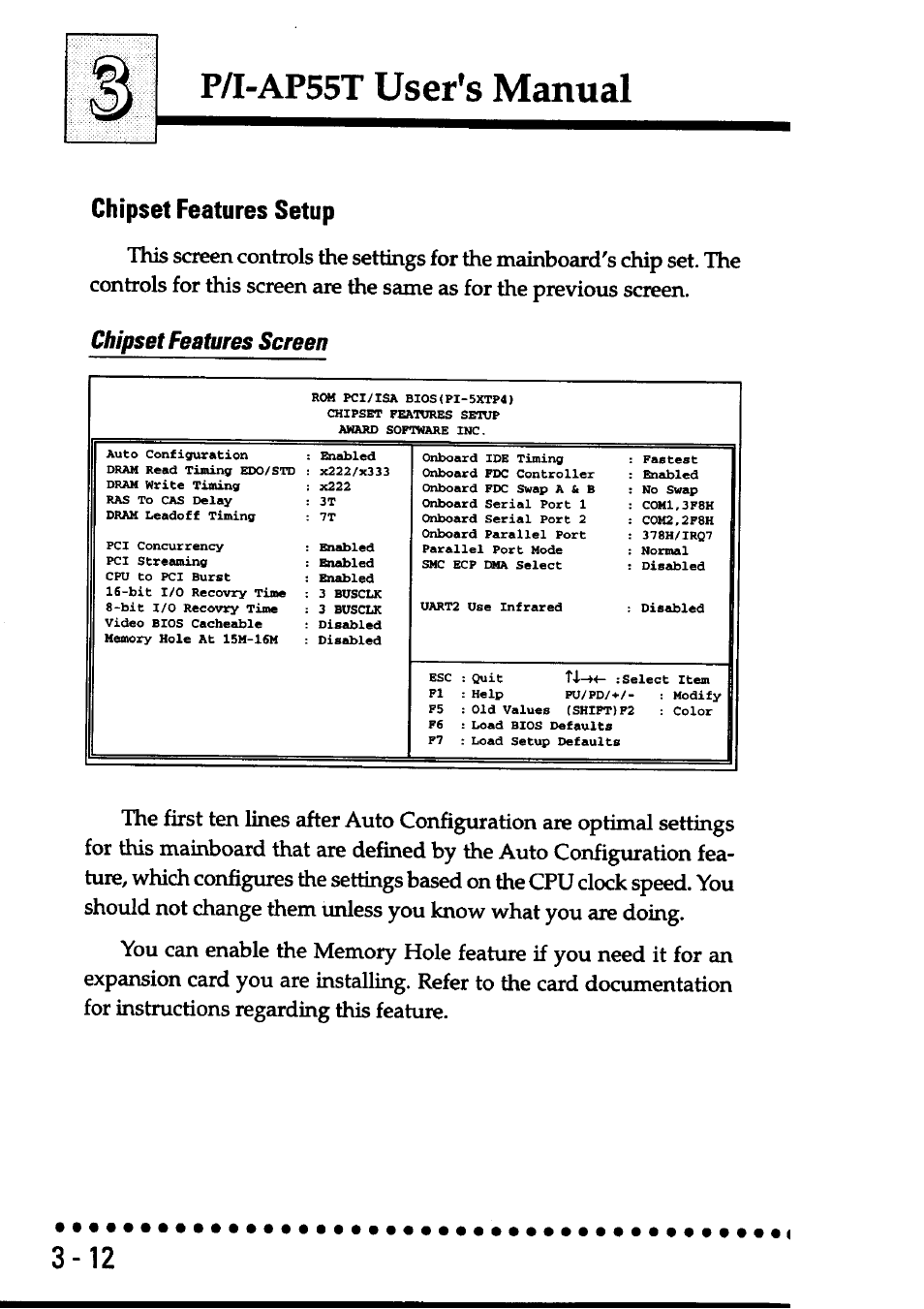 Chipset features setup, Chipset features screen, Chipset features setup -12 | P/i-ap55t user’s manual | Asus P/I-AP55T User Manual | Page 46 / 87