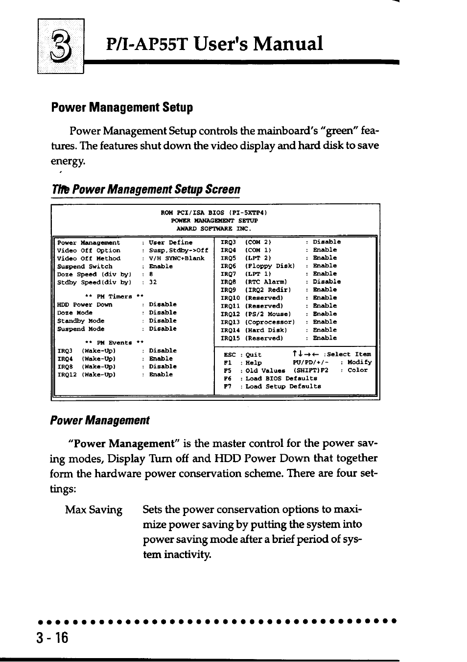 Power management setup, Thb power management setup screen, Power management | Power management setup -16, P/i-ap55t user's manual | Asus P/I-AP55T User Manual | Page 50 / 87