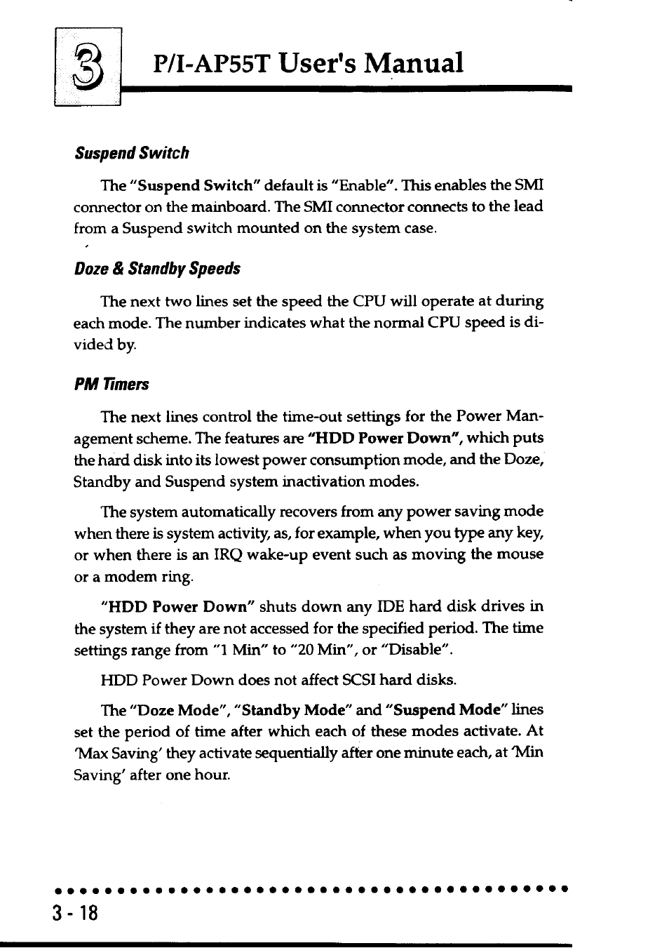 Suspend switch, Doze & standby speeds, Pm timers | P/i-ap55t user’s manual | Asus P/I-AP55T User Manual | Page 52 / 87