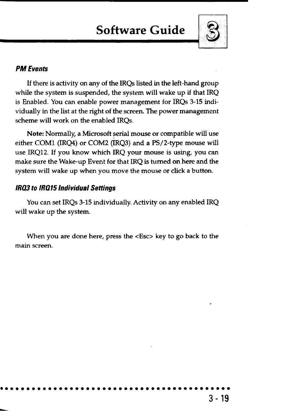 Pm events, Irq3 to irq15 individual settings, Software guide | Asus P/I-AP55T User Manual | Page 53 / 87