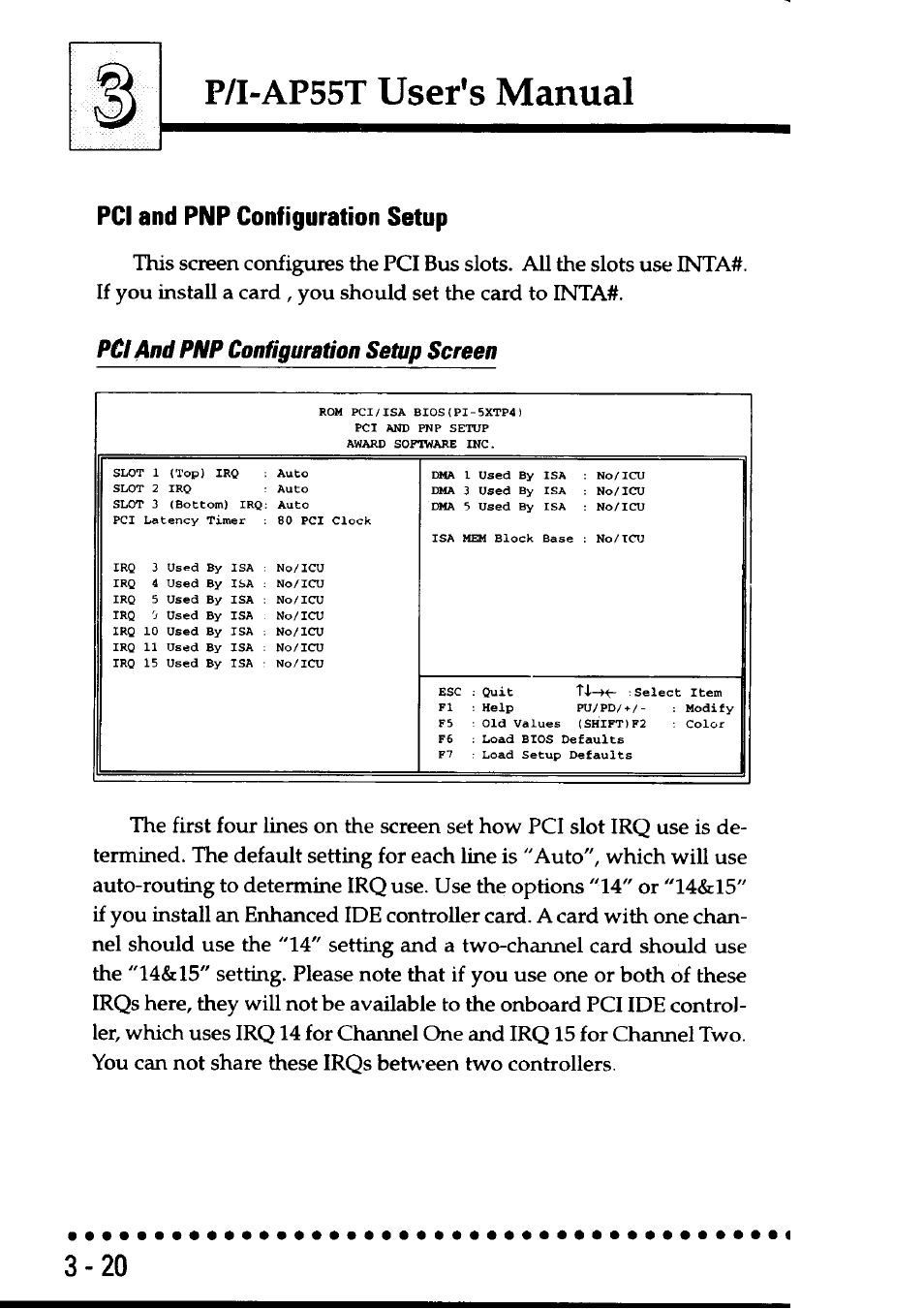 Pci and pnp configuration setup, Pci and pnp configuration setup screen, Pci and pnp configuration setup -20 | P/i-ap55t user's manual | Asus P/I-AP55T User Manual | Page 54 / 87