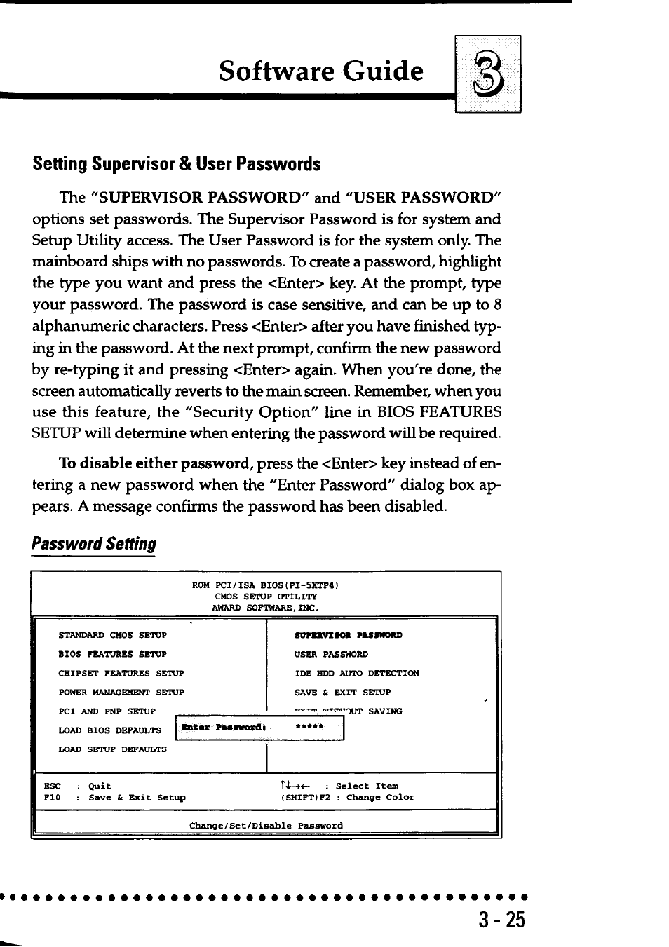 Setting supervisor & user passwords, Password setting, Setting supervisor & user passwords -25 | Software guide | Asus P/I-AP55T User Manual | Page 59 / 87