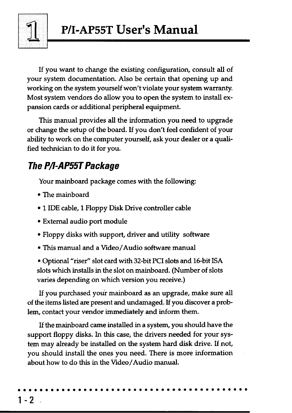 The p/i-ap55t package, The p/i-ap55t package -2, P/i-ap55t user's manual | Asus P/I-AP55T User Manual | Page 6 / 87