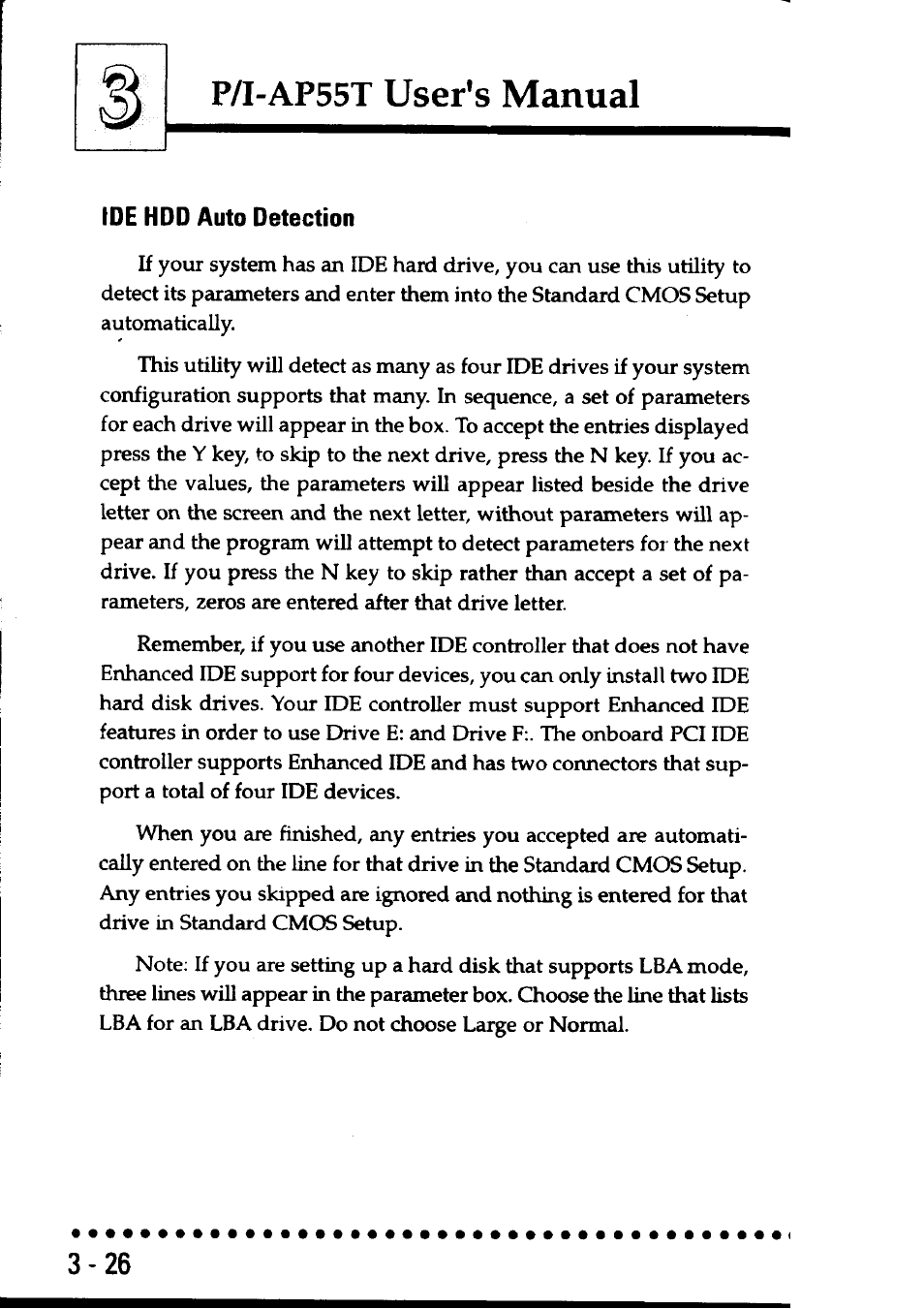 Ide hdd auto detection, Ide hdd auto detection -26, P/i-ap55t user’s manual | Asus P/I-AP55T User Manual | Page 60 / 87