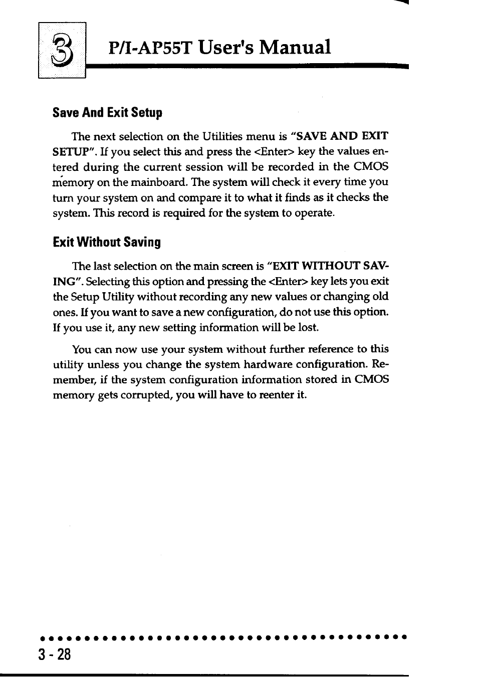 Save and exit setup, Exit without saving, Save and exit setup -28 | Exit without saving -28, P/i-ap55t user's manual | Asus P/I-AP55T User Manual | Page 62 / 87