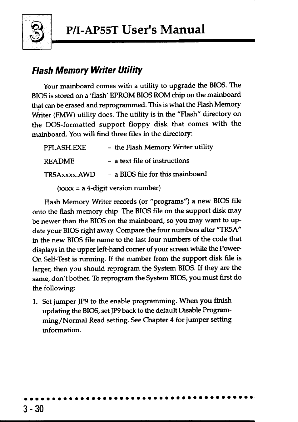 Flash memory writer utility, Flash memory writer utility -30, P/i-ap55t user’s manual | Asus P/I-AP55T User Manual | Page 64 / 87