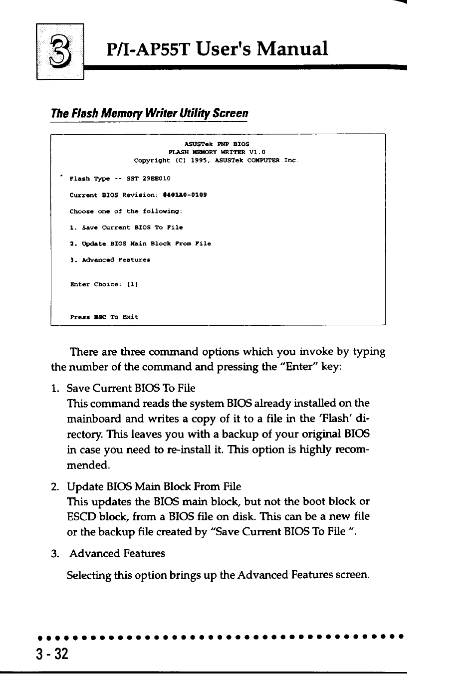 The flash memory writer utility screen, P/i-ap55t user’s manual | Asus P/I-AP55T User Manual | Page 66 / 87