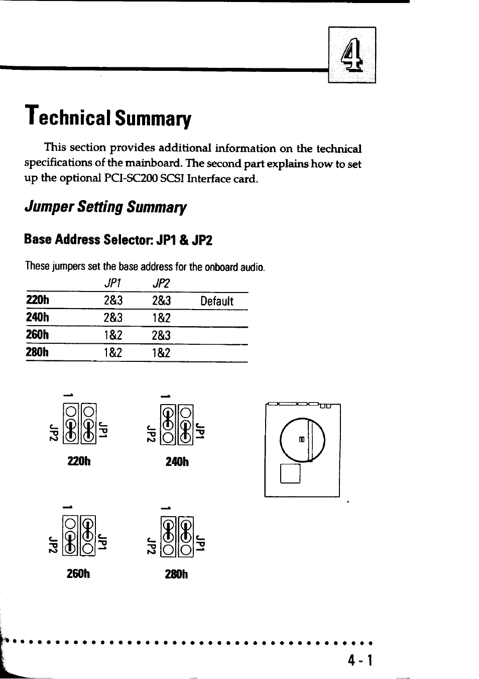 Technical summary, Jumper setting summary, Base address selector: jp1 & jp2 | 220h, 240h, 260h, 280h, Jumper setting summary -1, Base address selector: jpl & jp2 -1, O o $ o | Asus P/I-AP55T User Manual | Page 69 / 87
