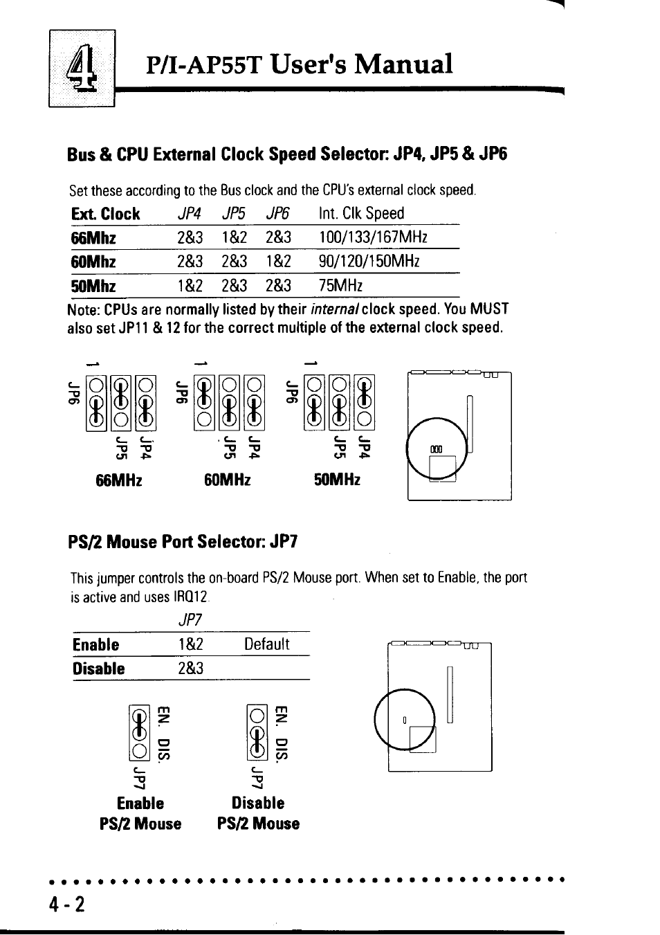 66mhz, 60mhz, Somhz | Ps/2 mouse port selector: jp7, Enable ps/2 mouse, Disable ps/2 mouse, Ps/2 mouse port selector: jp7 -2, P/i-ap55t user's manual, O o o | Asus P/I-AP55T User Manual | Page 70 / 87