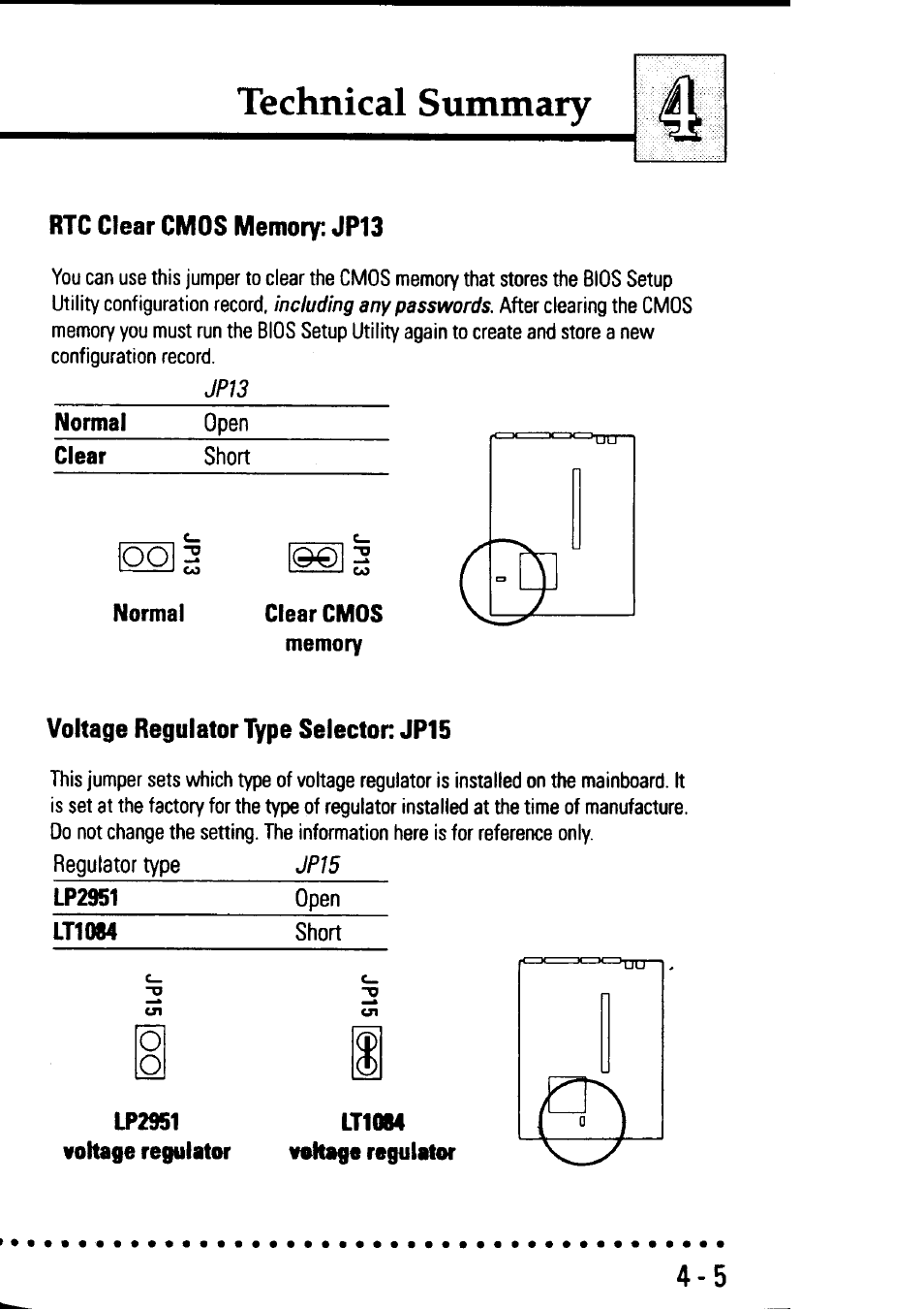 Rtc clear cmos memory: jp13, Normal, Clear cmos memory | Voltage regulator type selector jp15, Lp2951 open, Lt1084, Lp2951, Lt10m, Rtc clear cmos memory: jp13 -5, Voltage regulator type selector: jp15 -5 | Asus P/I-AP55T User Manual | Page 73 / 87