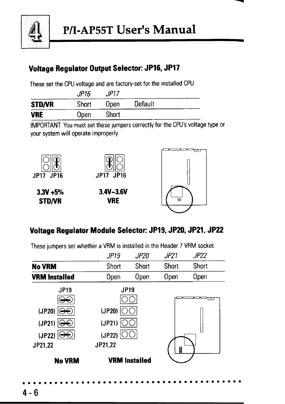 Voltage regulator output selector: jp16, jp17, 3v +5% sto/vr, 4v-3.6v | Vrm installed, P/i-ap55t user's manual | Asus P/I-AP55T User Manual | Page 74 / 87