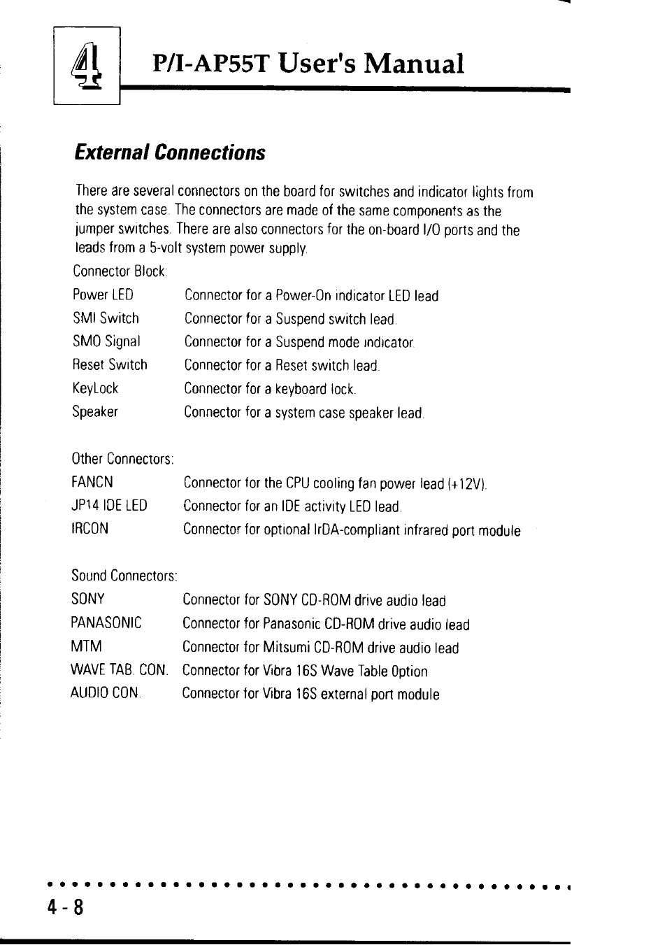 External connections, External connections -8, P/i-ap55t user's manual | Asus P/I-AP55T User Manual | Page 76 / 87