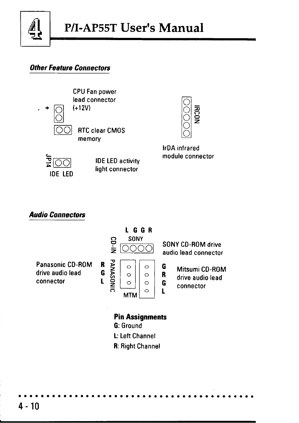 Other feature connectors, Audio connectots, Pin assignments | P/i-ap55t user's manual | Asus P/I-AP55T User Manual | Page 78 / 87