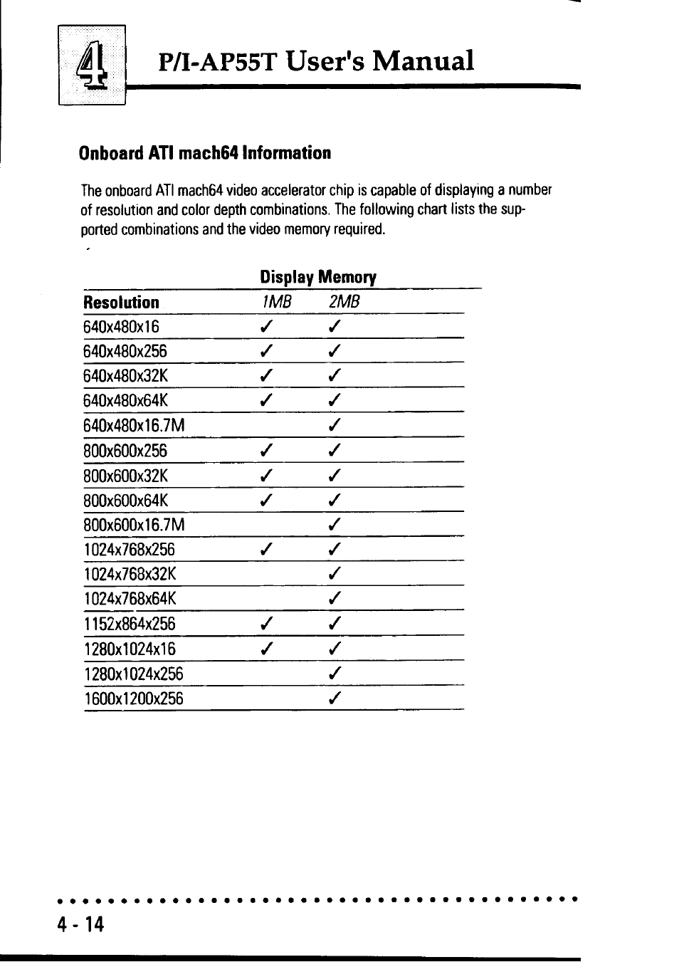 Onboard ati mach64 information, Onboard ati mach64 information -14, P/i-ap55t user's manual | Asus P/I-AP55T User Manual | Page 82 / 87