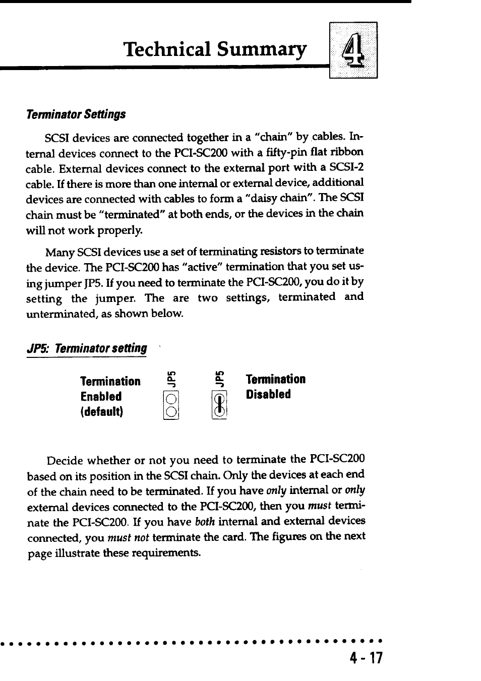 Terminator settings, Jp5: terminator setting, Termination | Enabled, Default), Disabled, Technical summary | Asus P/I-AP55T User Manual | Page 85 / 87