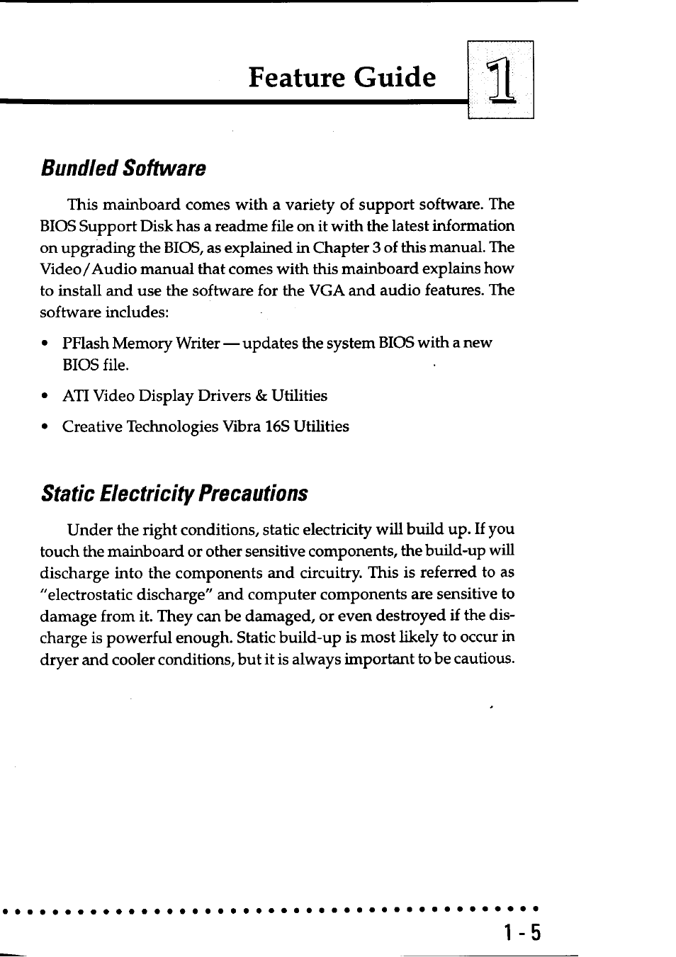 Bundled software, Static electricity precautions, Feature guide | Asus P/I-AP55T User Manual | Page 9 / 87